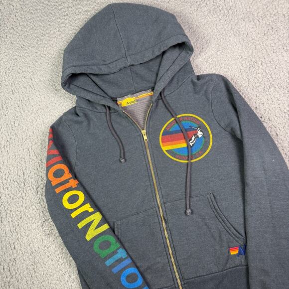 Aviator Nation Hoodie Womens XS Gray Full Zip Sweatshirt Venice CA Rainbow Surf - Picture 1 of 12